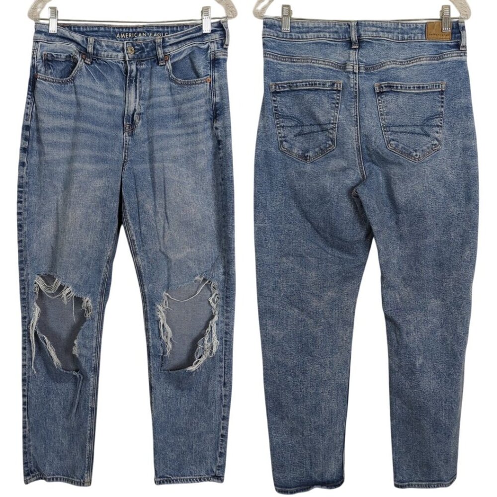 American‎ Eagle Strigid Ripped Distressed High Waist Blue Mom Jeans Womens Sz 10